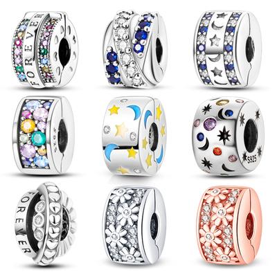 925 Silver Clasp Clip Spacer Beads Charms Rose Gold Color Silicone Spacer Stopper Charm Bracelet Jewelry
