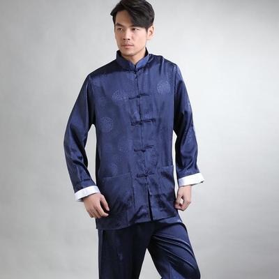 Men's Silk Long-Sleeve Tang Suit Set - Roll-Up Sleeve Kung Fu Suit for Spring & Autumn