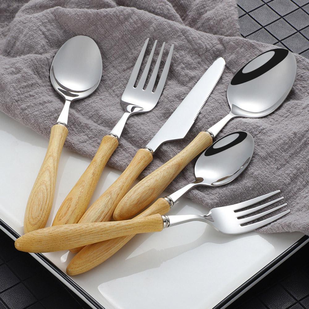 24 STÜCK Holzgriff 304 Edelstahl Besteck Silberbesteck Set, Rustikales Geschirr Besteckset Service für 6, Messer Gabeln Löffel Set