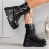 Fashion Women's Goth Platform Motorcycle Boots Punk Rivet Buckle Strap Combat Booties for Women Thick Bottom Wedge Heels Mid Calf Shoes