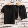 2 Pcs/Set Men T-shirt Shorts Set Solid Color Elastic Waist Loose V Neck Drawstring Homewear Deep Crotch Plus Size Casual Summer