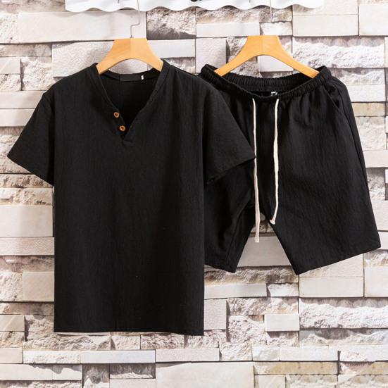 2 Pcs/Set Men T-shirt Shorts Set Solid Color Elastic Waist Loose V Neck Drawstring Homewear Deep Crotch Plus Size Casual Summer