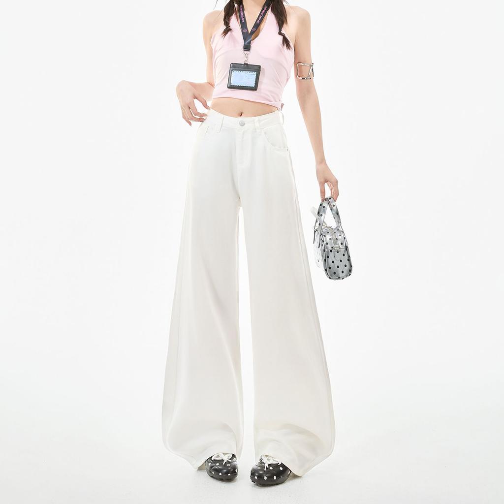 Spring Summer 100 Percent Tencel Lyocell Ice Silk YKK Pure White Cool Drape Wide Leg Denim Pants For Women Casual Pants Oversize Denim Trousers