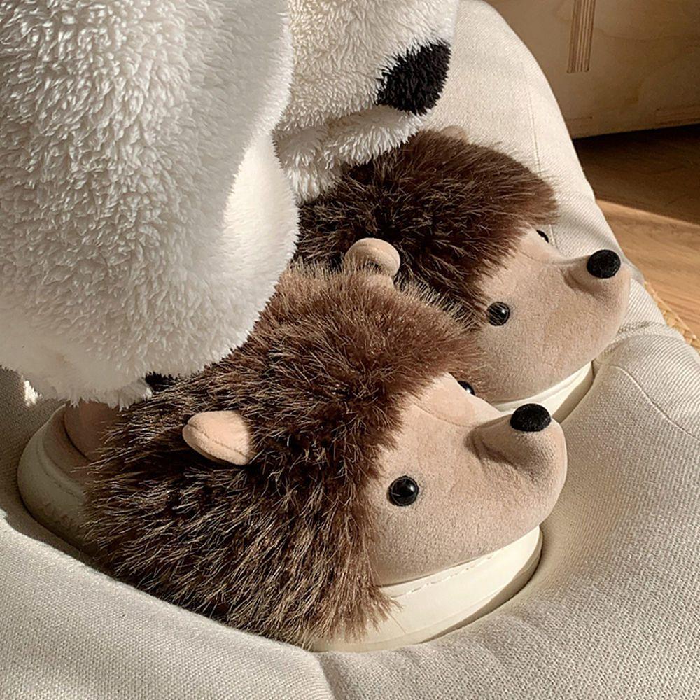 Fashion New Fuzzy Hedgehog Mules Slippers Woman Winter Warm Home Shoes Ladies Cozy Carton Animal Slipper Female Fluffy Slides Plush Shoe