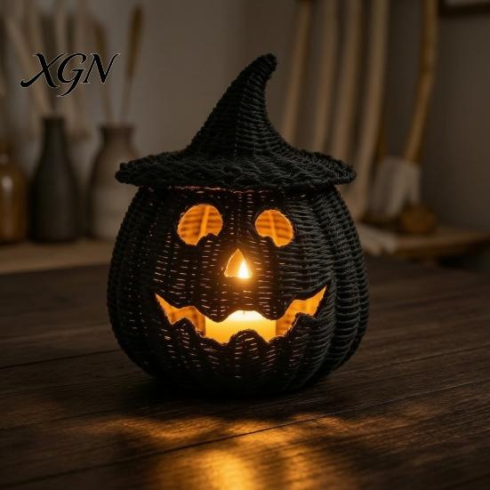 Seasonal Home Display Handwoven Pumpkin Basket with Witch Hat Lid, Rustic Wicker Trick Gothic Table Centerpiece or Treat Bucket for Indoor Outdoor