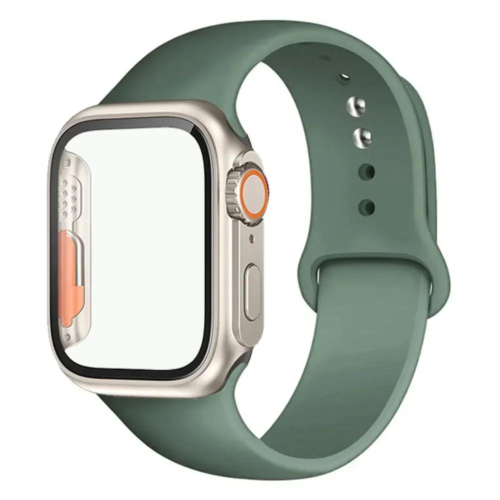 Silicone Strap+Case For Apple Watch Band 44mm 45mm 41mm 40mm Tempered Glass Cover Change to Ultra iWatch Series 9 8 7 SE 6 5 3