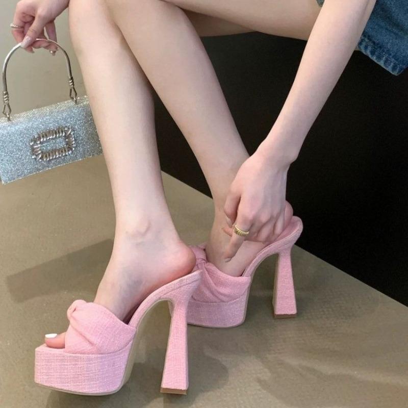 Summer Chunky Platform Woman Slippers Butterfly-knot Open Toe Wedding Banquet Sandals Extreme High Heels Slide Shoes