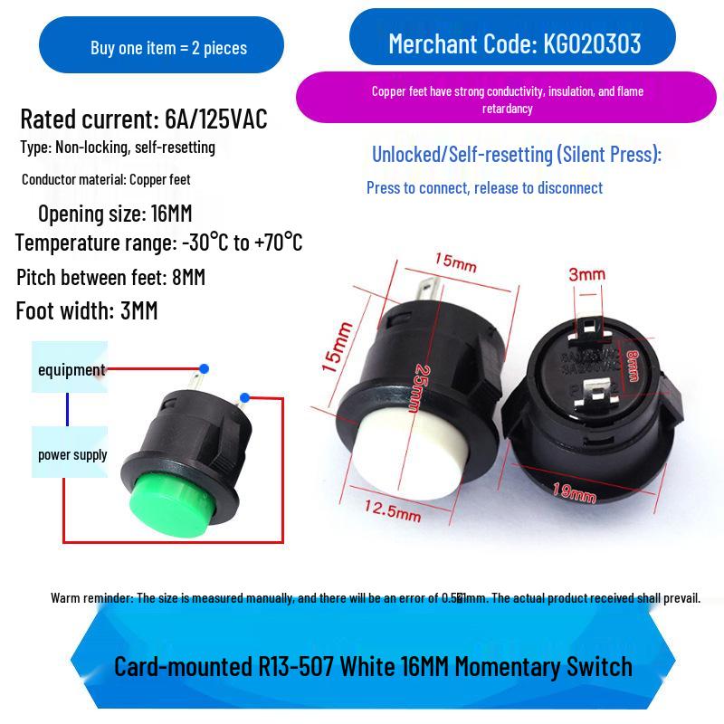 16MM Round Push Button Switch R13-507, Self-Reset, Momentary, Black/White/Red