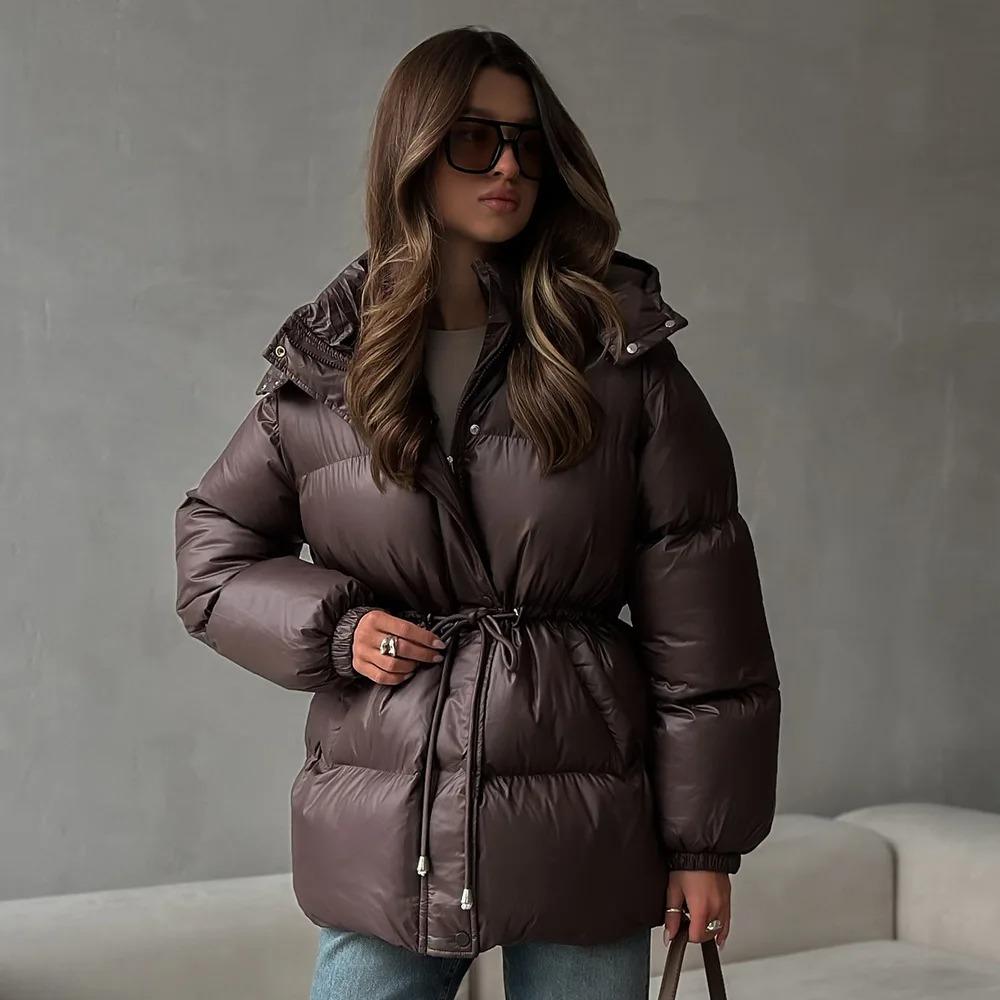 Women's Hooded Down Jacket Drawstring Waist Warm Parker Coat Solid Pocket Zipper Outwear Thicken Long Sleeves Coats