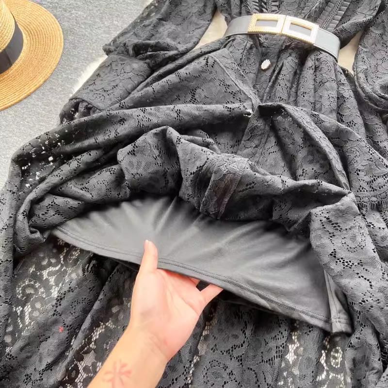 Damen Frühling und Herbst Revers Heavy Industry Haken Blumenausschnitt Französisches Spitzenkleid Femininer Sinn Swing Over The Knee Langes Kleid