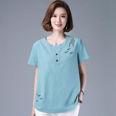 Women's Loose Cotton-Linen Printed Short-Sleeve T-Shirt - Summer 2021, Plus Size, Literary Style for Middle-Aged Moms.
