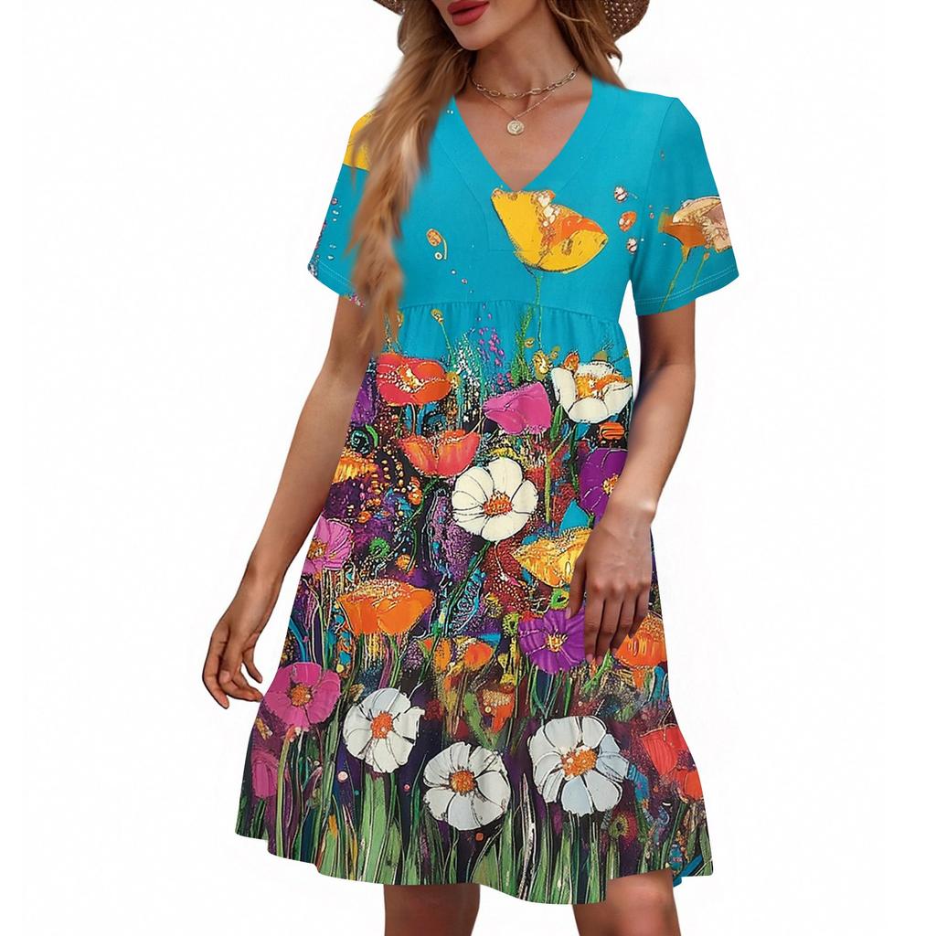Women's Casual Fashion V-Neck Short Sleeve Floral Print Dress