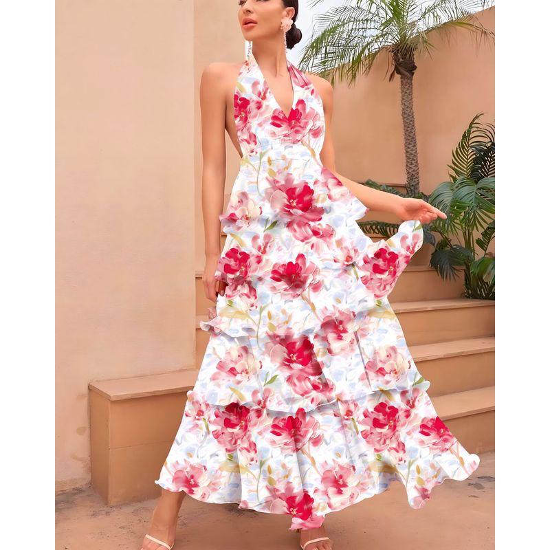 

Multi Layer Dress Summer New European and American Women Fashion Sexy V-neck Sling Multi-Layer Print Dress White Red Flower S