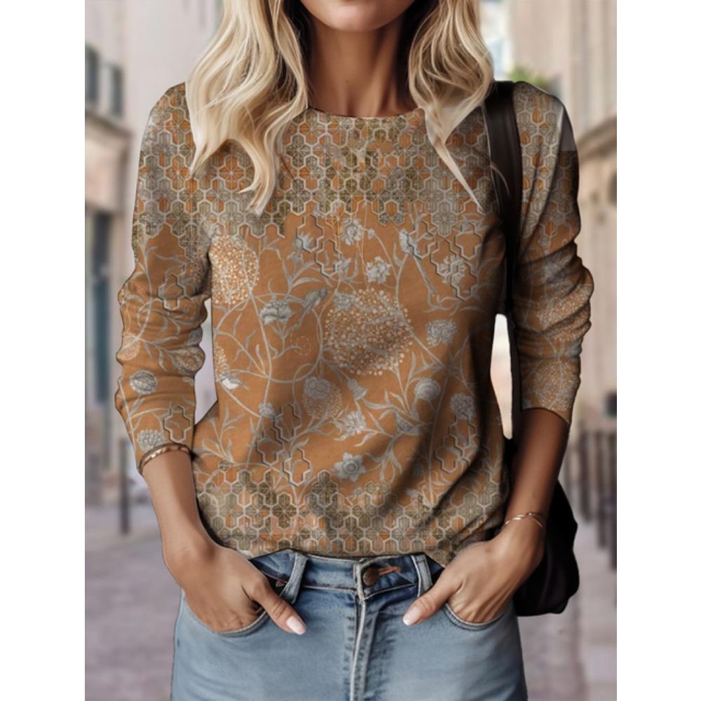 Damen T-Shirts mit Blumenmuster 3D-Druck Tops O-Ausschnitt Lässiger Pullover Langarm Y2K Kleidung für Mädchen Mode Sweatshirt