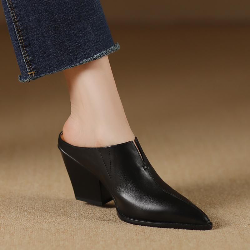 Fashion 2025 Mueller Slippers Shoes Elegant European American Fashion Chunky Slides Female High Heel Dress Shoes Closed Toe Mule SHoes