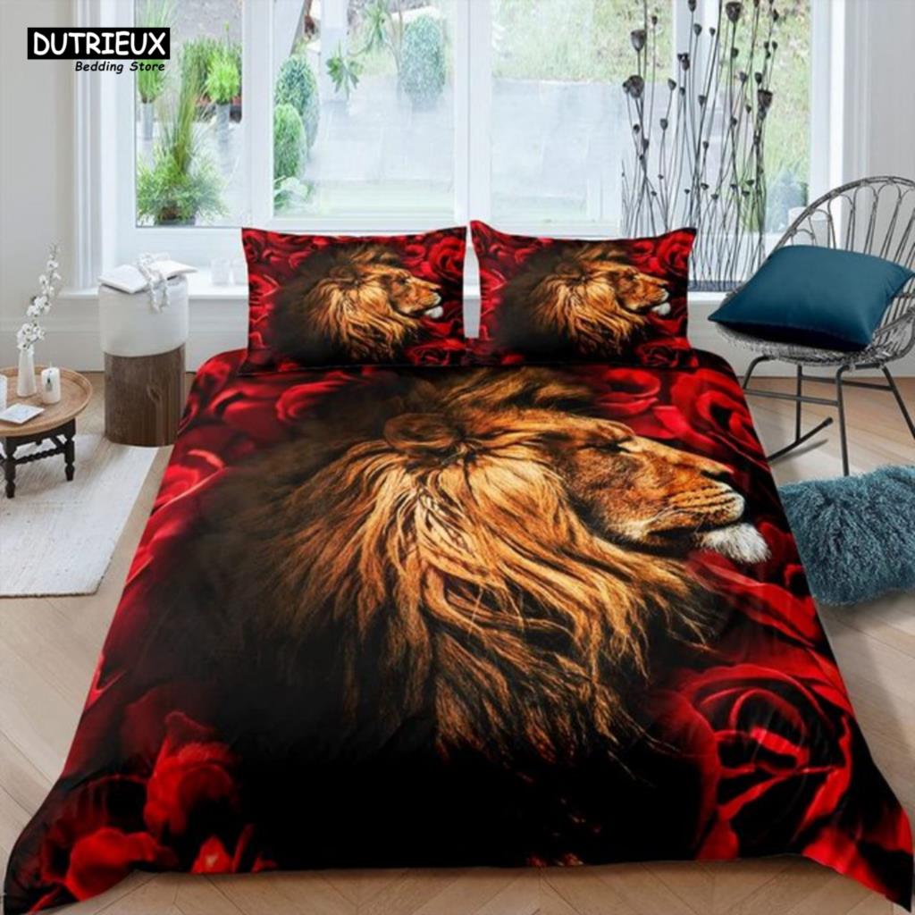 Comforter 3 - Pcs Strong Lions Tiger & Flame Wolf - Themed Bedding Set With Ideal For Kids & Women'S Rose Room Decor