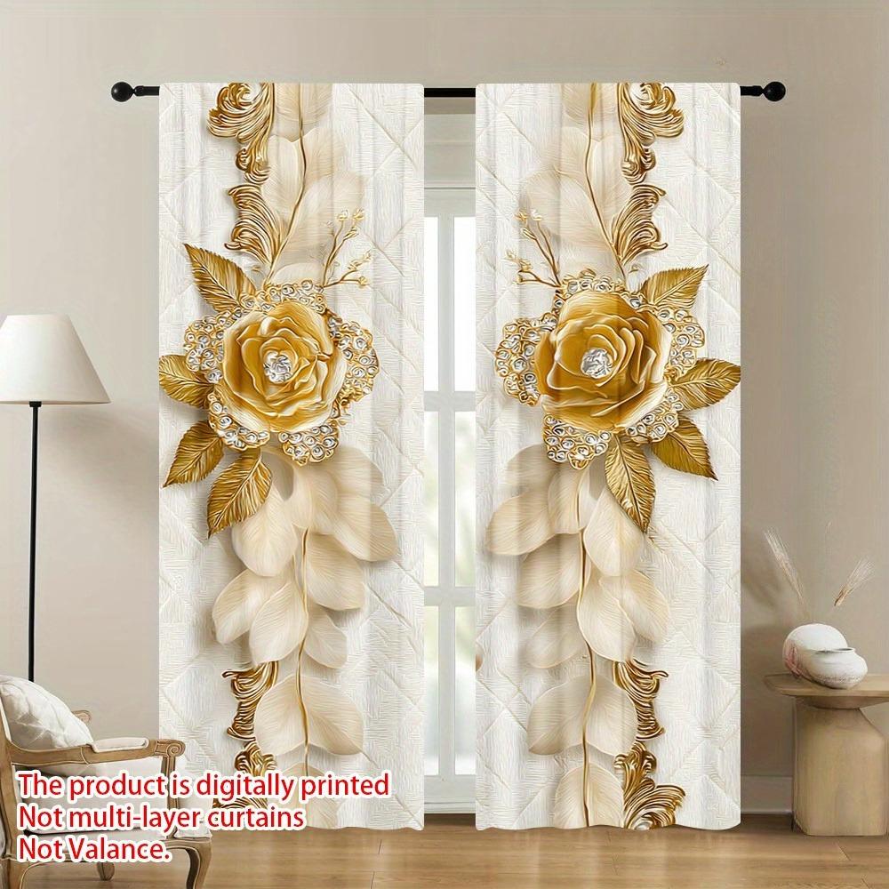 Set Of 2 Elegant Gold Floral Door Curtains Soft Polyester Bedroom Living Room Office Seasonal Use Curtain Light Filtering For Sitting Made