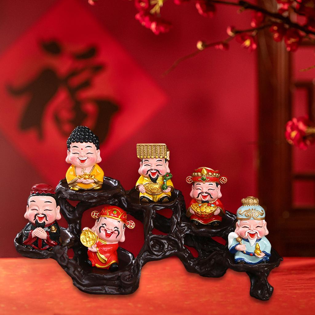 6x God of Good Fortune Figurines Decorative with Stand Miniature Figures for Spring Festival New Year Living Room Shelf Gift