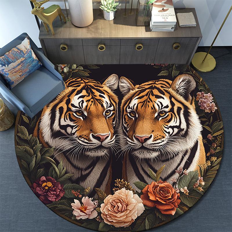 Tiger Artwork Round Area Rug,Carpet Rug for Living Room Bedroom Sofa Playroom Decor,Non-slip Floor Mat