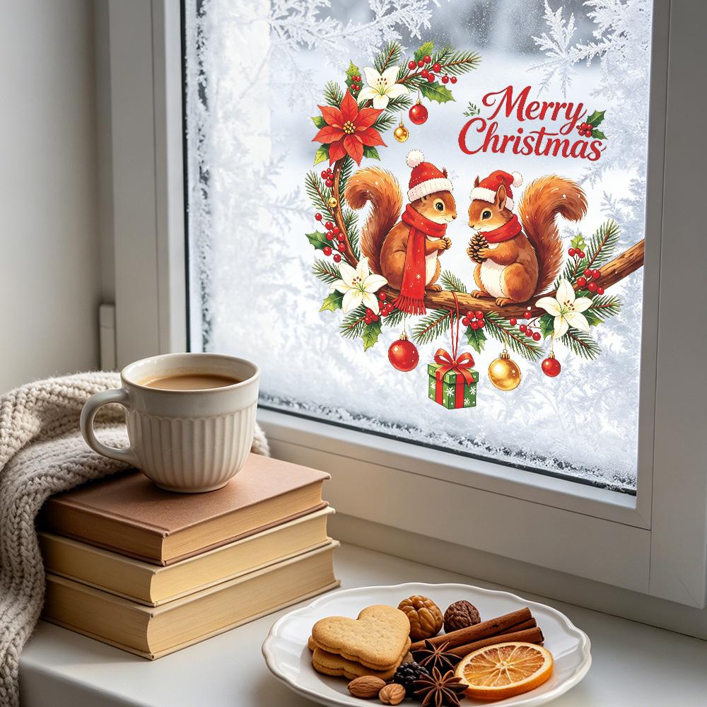 Watercolor Christmas Sticker Squirrel Wreath on Balcony Glass Window for Home Decoration and Beautification Window Sticker