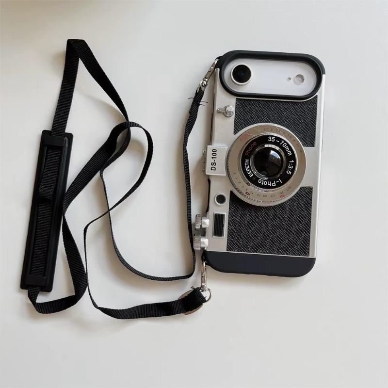 3D Retro Camera Phone Case with Crossbody Lanyard for iPhone 17 16 Pro Max 15 14 13 12 11 XS Max XR X 8 7 Plus SE 2026 Mini