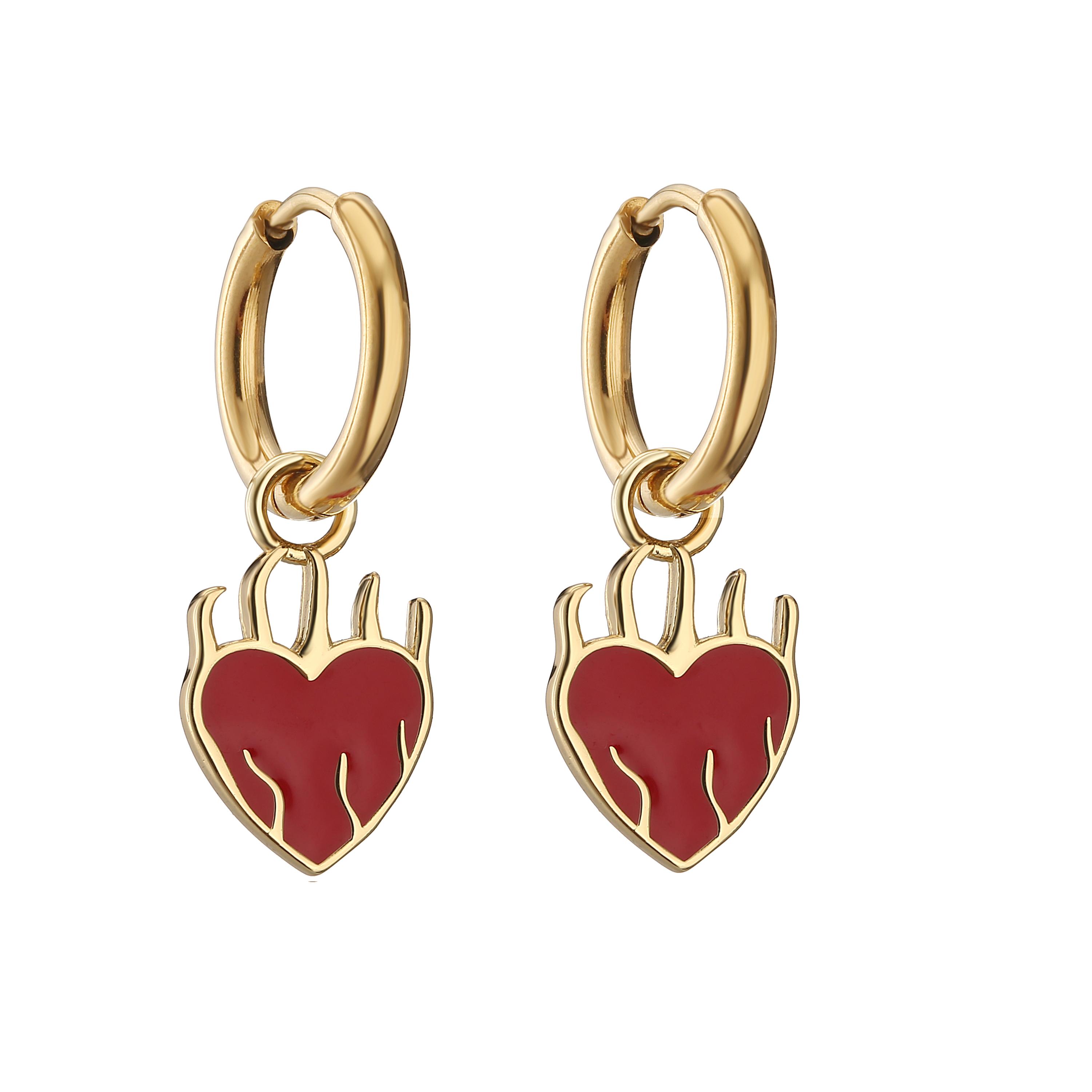 

HECHENG,Stainless Steel Small Circle Huggie Hoops Hot Red Heart Pendant Charm Hoop Earrings for Women Punk Fashion Zircon Gift красный