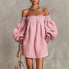 Robe smockée épaules dénudées manches bouffantes lanterne robe d'été ample avec poches latérales lin léger plage élégante fluide robe courte de fête
