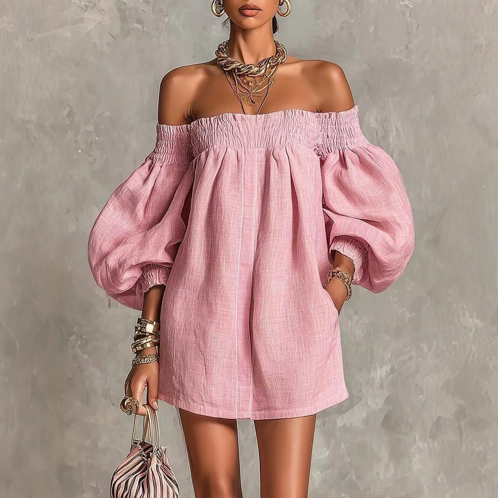 Robe smockée épaules dénudées manches bouffantes lanterne robe d'été ample avec poches latérales lin léger plage élégante fluide robe courte de fête