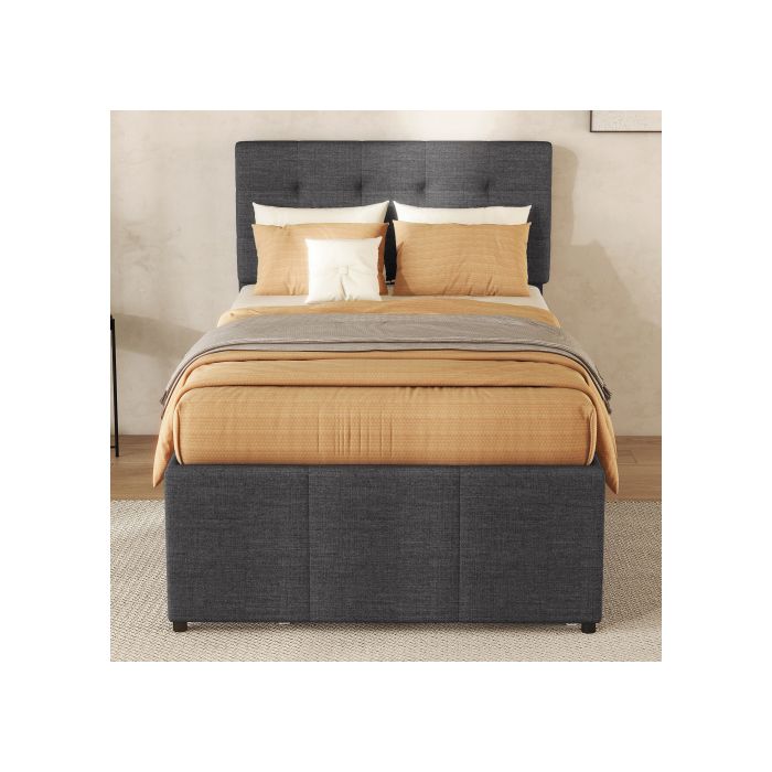 Lit Extensible - MUVOE - 90x200cm - Tête De Lit Réglable - 3 Tiroirs De Rangement - Gris