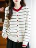 Women's Striped Color Block Pure Wool Thick Knit Cardigan Sweater