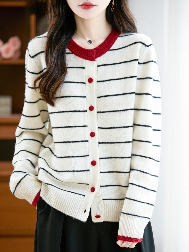 Women's Striped Color Block Pure Wool Thick Knit Cardigan Sweater