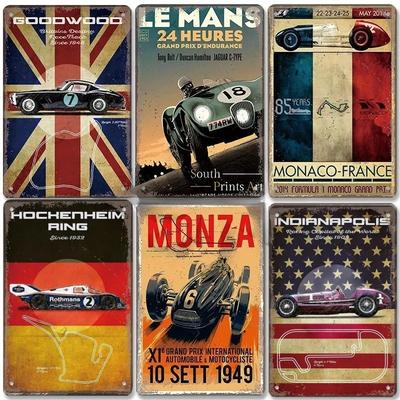Vintage Metallblechschilder Rennwagen Plakette Dekor F1 Rennstrecke Metallposter Wandkunst für Garage