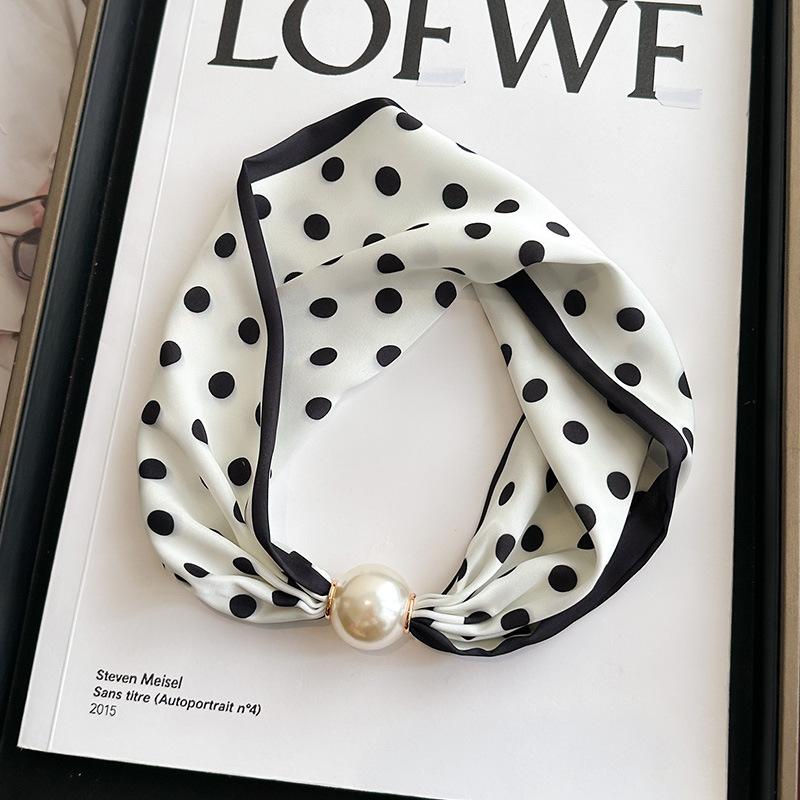 Simple magnetic buckle pearl long silk scarf women's spring and autumn scarf summer printing decorative scarf versatile thin neck protector