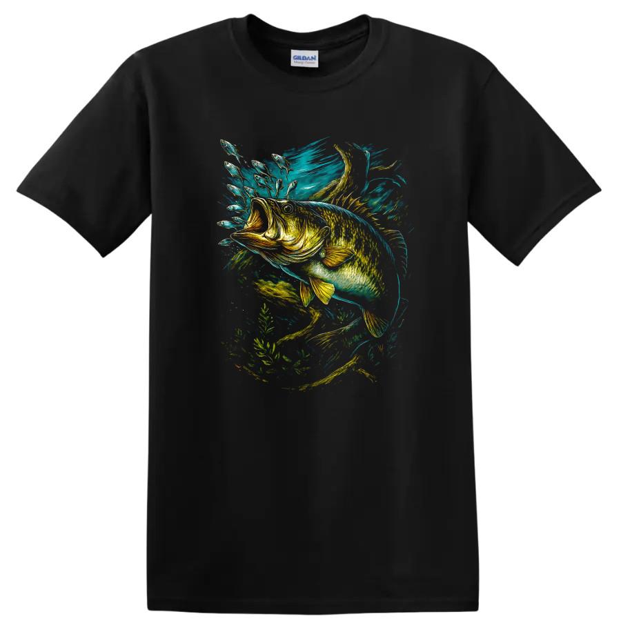 Fish T Shirt Bass Fishing Artwork W/ Colorful Nature Scene Tee