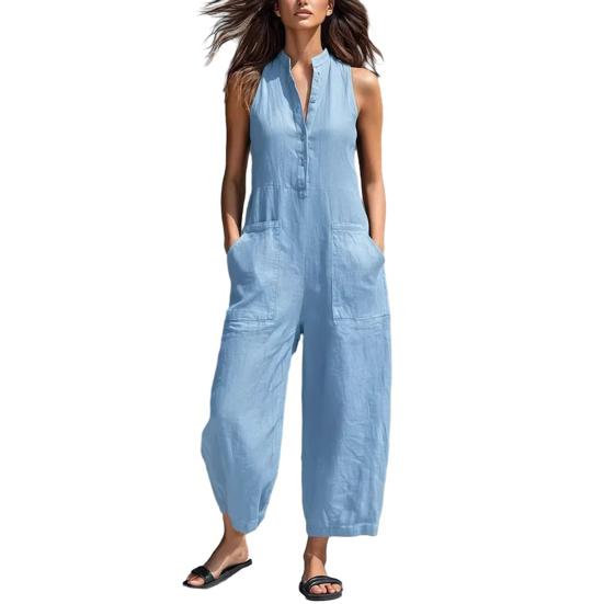 Women's Summer Sleeveless Jumpsuit Button Up Stand Collar Loose One Piece Overalls Casual Wide Leg Long Pants Rompers with Pockets
