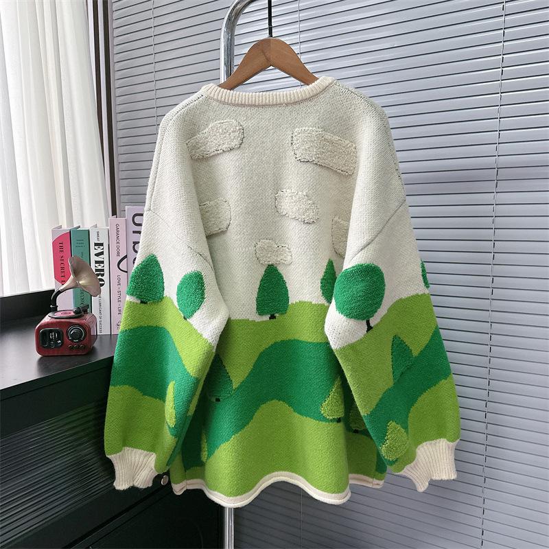 Green Art Cartoon Sweater Coat: Women's Niche Design Knitted Cardigan for Spring & Autumn 2025.