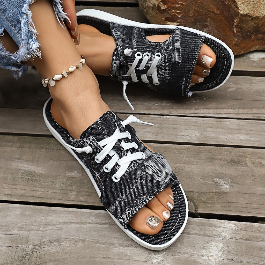 Summer New Large-sized Denim Fabric Lace-up Slip-on Sandals for Women - Round Toe Flat Casual Sandals