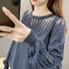 Loose Sexy Hollow Out Solid Pleated Lace Patchwork T-Shirts Round Neck Casual Women's Clothing Pullovers Autumn Winter Thin