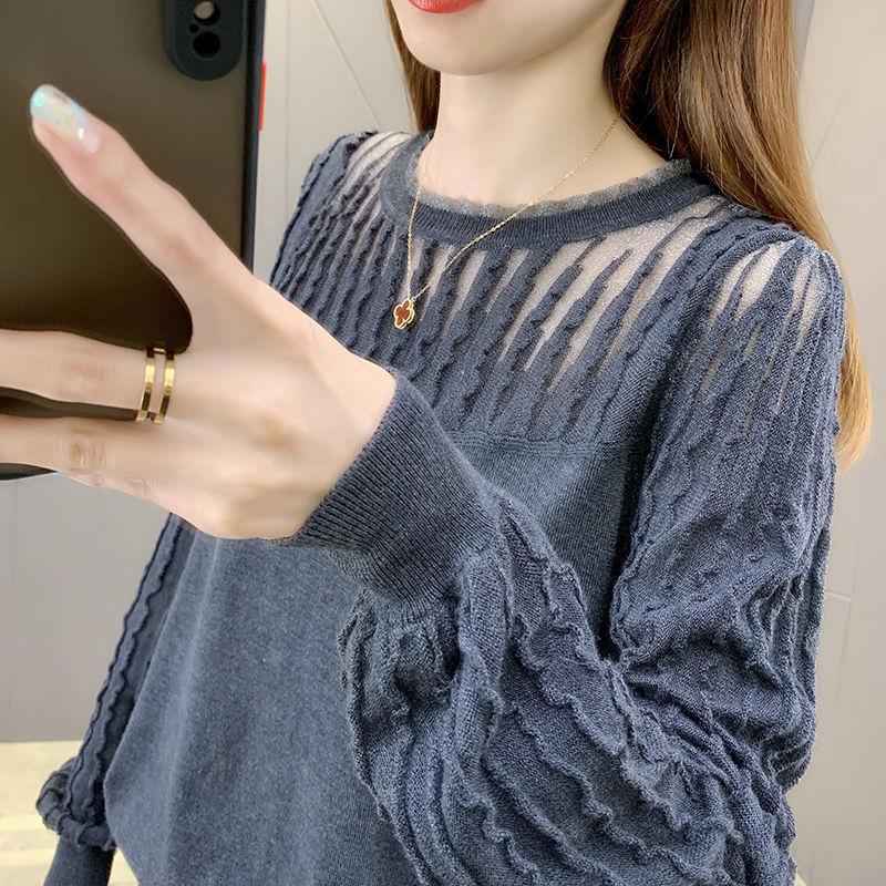 Loose Sexy Hollow Out Solid Pleated Lace Patchwork T-Shirts Round Neck Casual Women's Clothing Pullovers Autumn Winter Thin