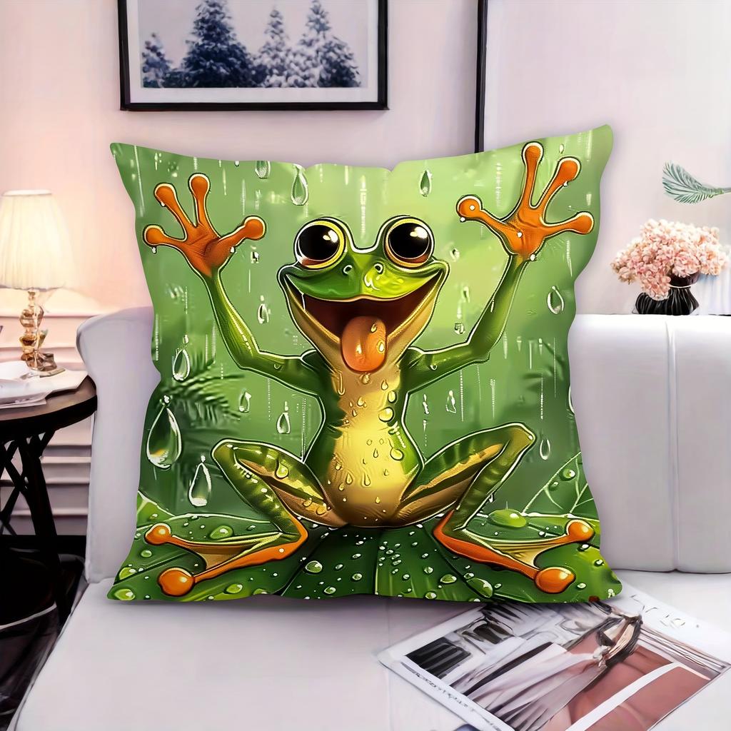 1pc Whimsical Frog Pillow Cover - Vibrant Green with Orange Hands & Feet, Raindrop Design, Soft Polyester Fabric, 44.96cm X 44.96cm Square, Zipper Clo