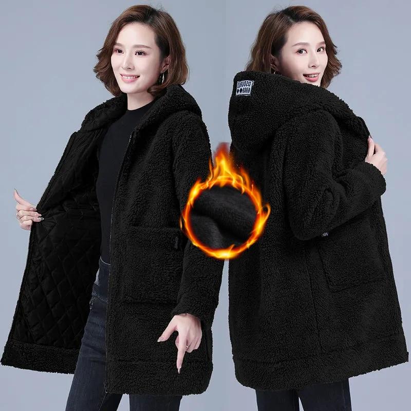 Plus Size Imitation Lamb Fleece Jacket Women's Winter Warm Quilted Jacket Mid-length Hooded Padded Jacket