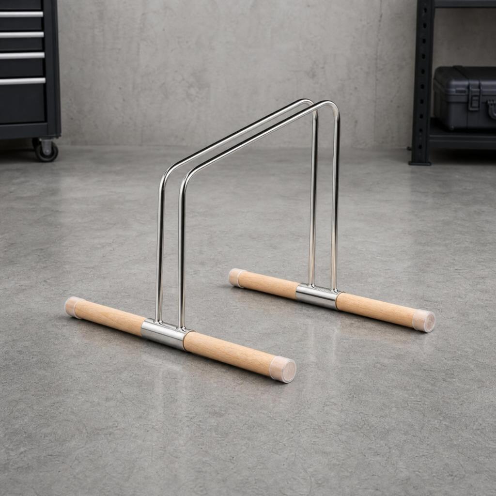 Stainless Steel Bike Stand with Wooden Base Single Wheel Cycle Parking Antigrip