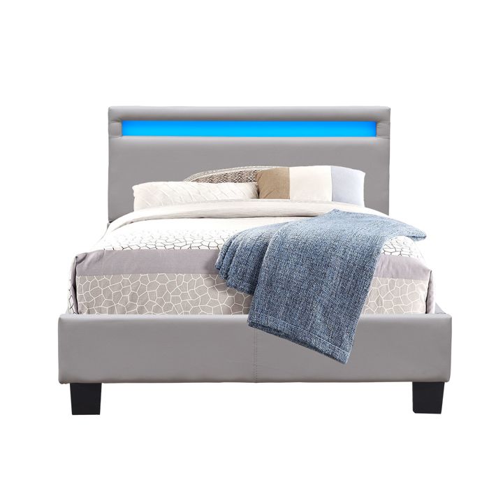 Angel - Solid and Comfortable Bed 90x190 with Base Headboard with LED Lighting GREY Color 10 Cm Feet