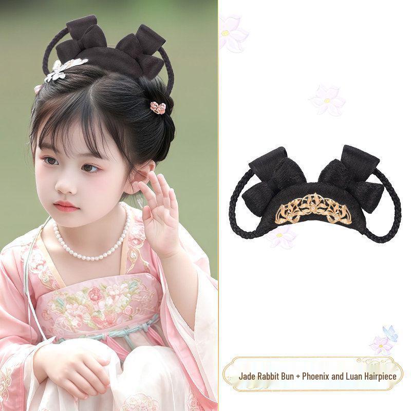 Jade Rabbit Hanfu Wig: Children's Ancient Style Tang Dynasty Updo with Hair Padding and Bun Headdress