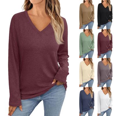 Damenmode Vintage Farblich passendes Langarm-Herbst-T-Shirt mit V-Ausschnitt
