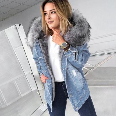 Women's Winter Warm Denim Jacket Casual Short Jacket Lined Padded Jacket Faux Fur Collar Denim Jacket