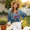 Women's Casual V-Neck Long Sleeve T-Shirt with Christmas Print, Relaxed Fit Holiday Top for Fall and Winter