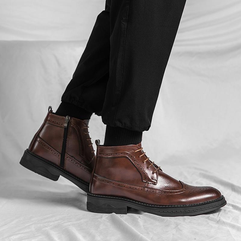 Herre Blokkhæl Snøring og Sideglidelås Design Brogue Kampstøvler