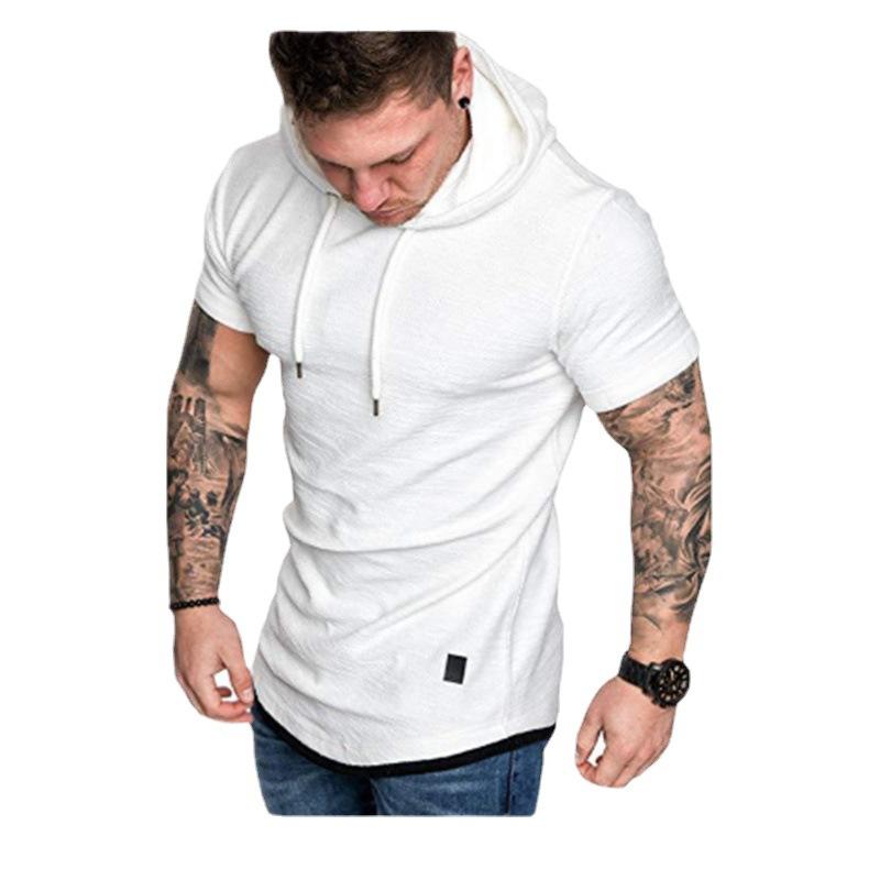 

Men Short Sleeve Hoodie Casual Slim Fit Solid Drawstring Hooded T Shirt Summer Streetwear Tops S
