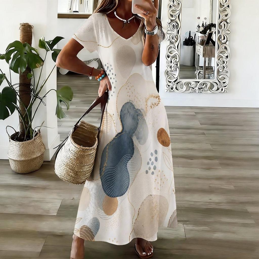 Women Plus Size V Neck Short Sleeve Abstract Printed Straight Maxi Dress